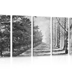 5-dielny obraz jesenná alej stromov v čiernobielom prevedení