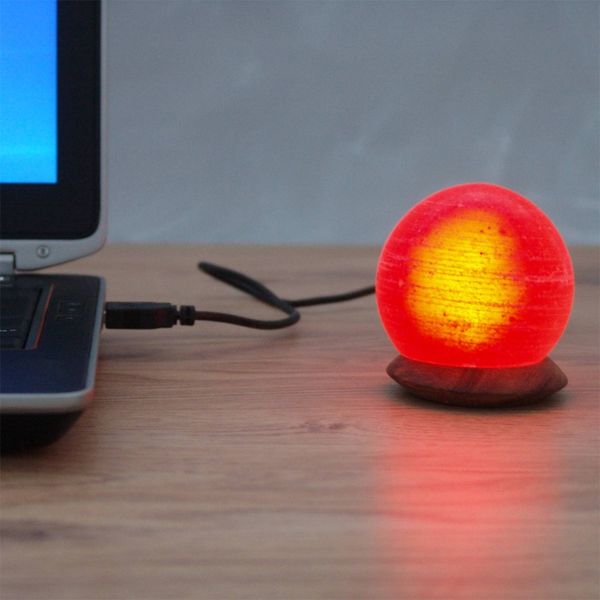 Wagner Life Stolová lampa Lopta USB na počítač a laptop, Obývacia izba / jedáleň, soľný krištáľ, drevo, 1W