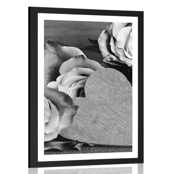 Plagát s paspartou valentínske ruže v čiernobielom prevedení - 30x45 white