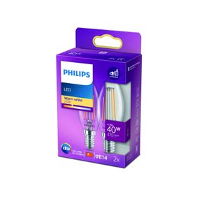 Philips LED sviečka filament E14 4, 3W 2 700K 2 ks, sklo, E14, 4.3W, Energialuokka: F, P: 9.7 cm