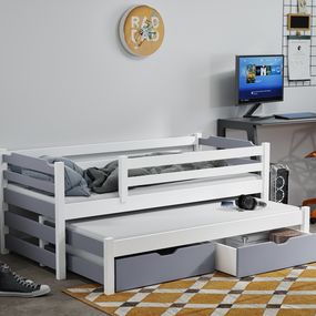 Detská posteľ z masívu borovice MARTIN II s prístelkou a zásuvkami - 200x90 cm - biela/šedá