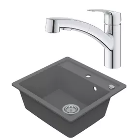 VIMA Drezový set Grohe 4/C - Granitový drez, 53x50cm, Sivá + Drezová batéria Grohe Eurosmart