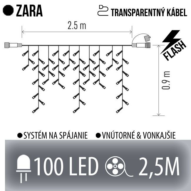 ZARA spojovateľná LED svetelná záclona vonkajšia FLASH - 100LED - 2,5M Studená biela - transparentný kábel