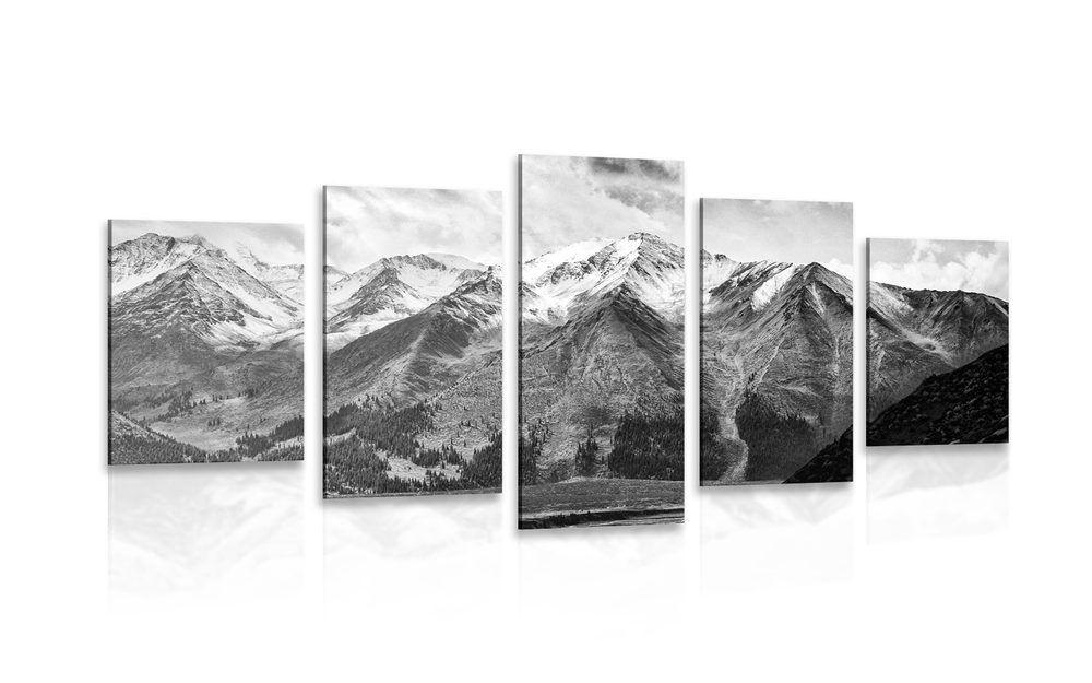 5-dielny obraz nádherná horská panoráma v čiernobielom prevedení