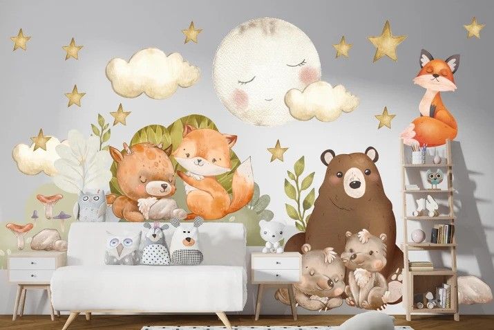 DomTextilu Nálepka na stenu pre deti lesné zvieratká a nočná obloha 80 x 160 cm