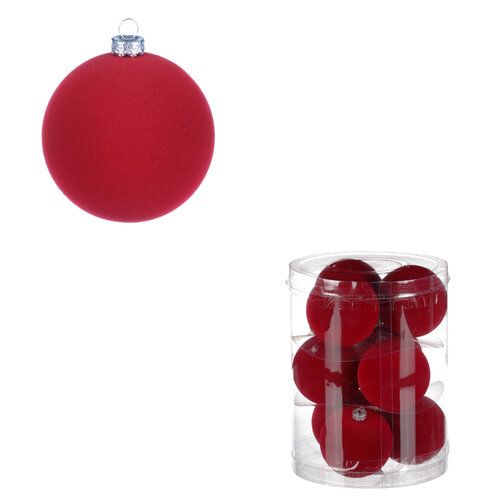 Vianočné plastové gule, zamatové, červená farba. Cena za 1 box/9ks.