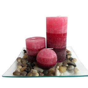 TORO Darčekový set 3 sviečky, vôňa škorice, na sklenenom podnose s kameňmi