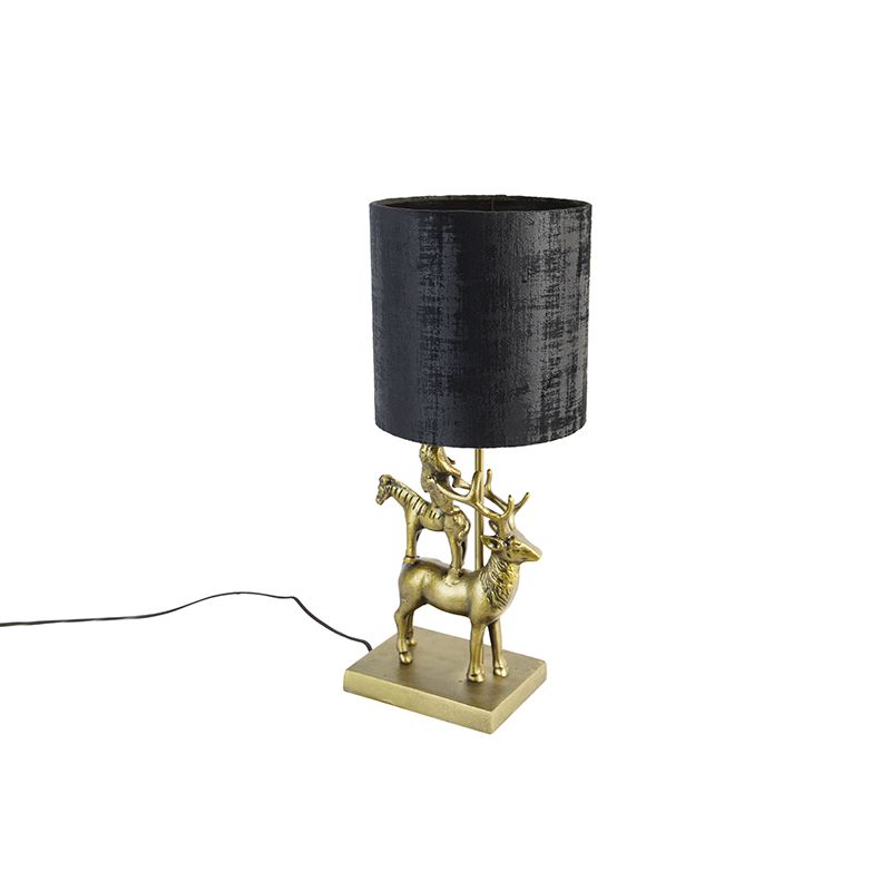 Vintage stolná lampa mosadz s tienidlom čierna 20 cm - Animal Hjort Tre
