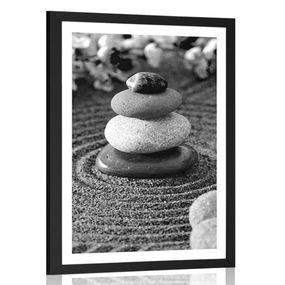 Plagát s paspartou pyramída Zen kameňov v čiernobielom prevedení - 40x60 black