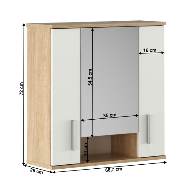 Závesná skrinka so zrkadlom, dub sonoma/matná biela, LESSY NEW 01