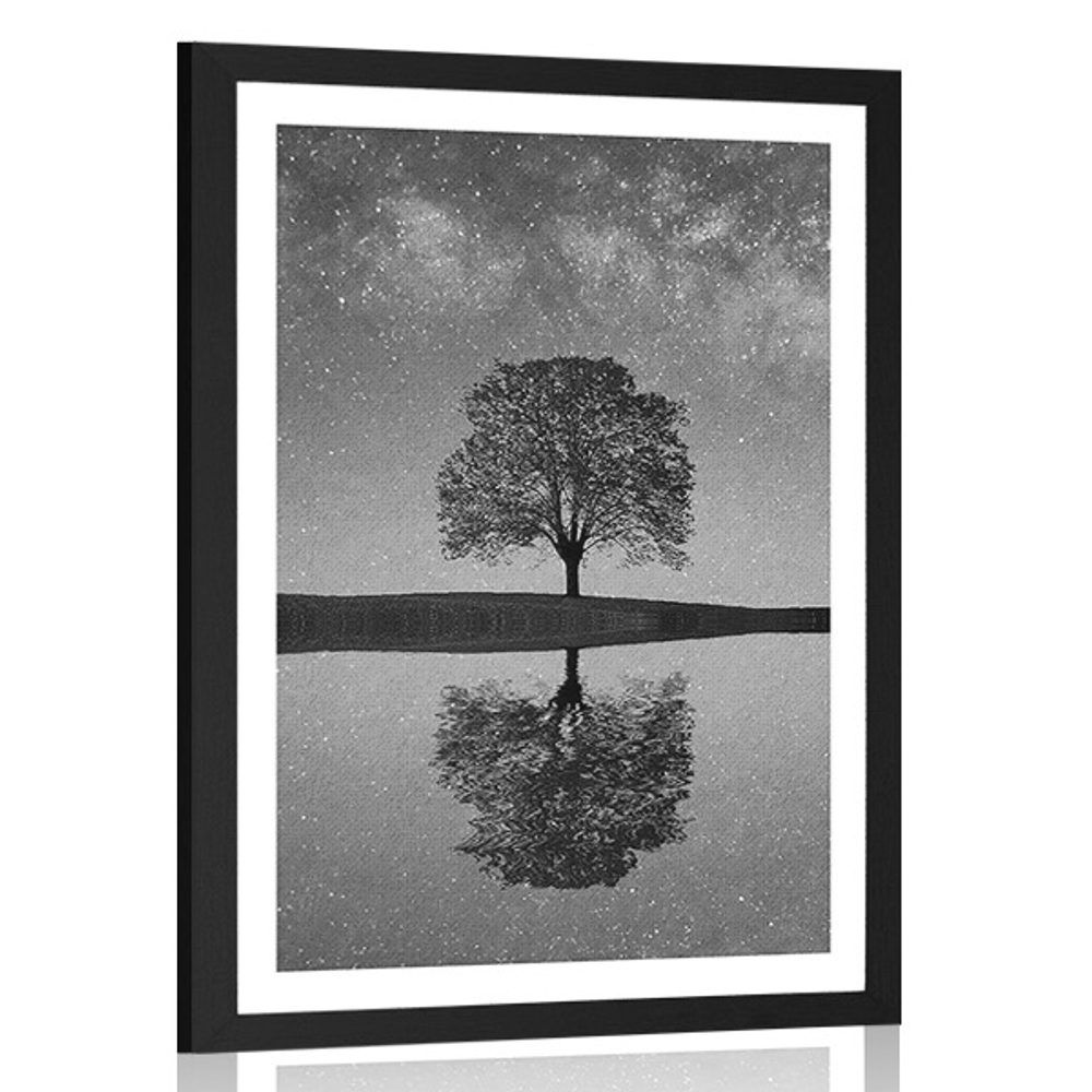 Plagát s paspartou hviezdna obloha nad osamelým stromom v čiernobielom prevedení - 60x90 black