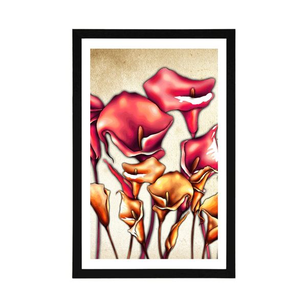Plagát s paspartou červené kvety kaly