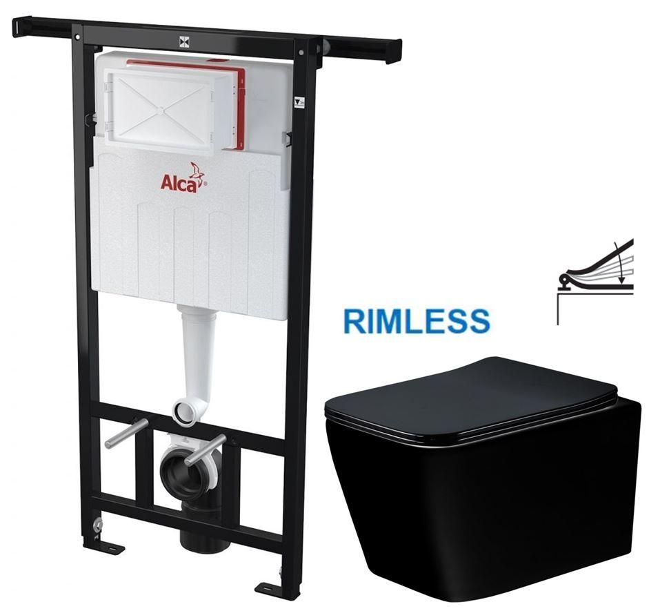 ALCADRAIN Jádromodul - predstenový inštalačný systém bez tlačidla + WC MEXEN TEO ČERNÁ Rimless + SEDADLO AM102/1120 X ME02
